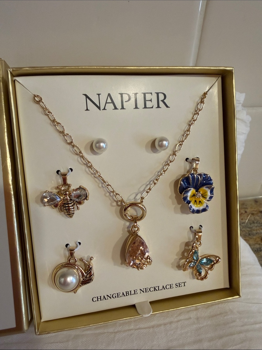 Napier Gold-Tone Necklace Set with Pink Teardrop and Blue-Yellow Floral Charm - Picture 4 of 8